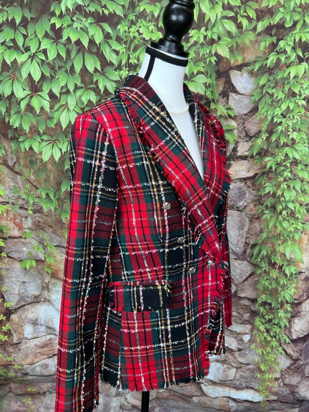 RACHEL ZOE Preppy Red Raw Hemmed Tartan Plaid Equestrian Blazer, M - Picture 14 of 16